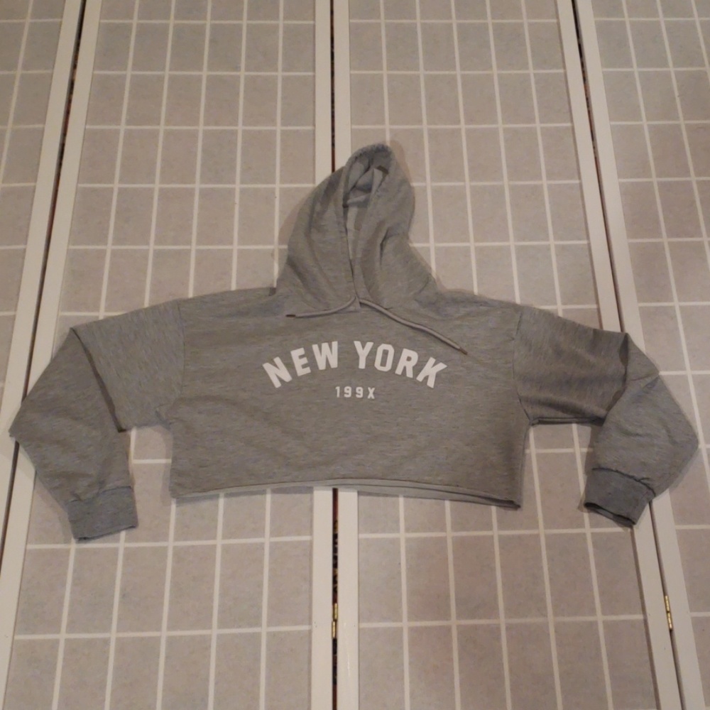 New York Crop Top Hoodie S Grey